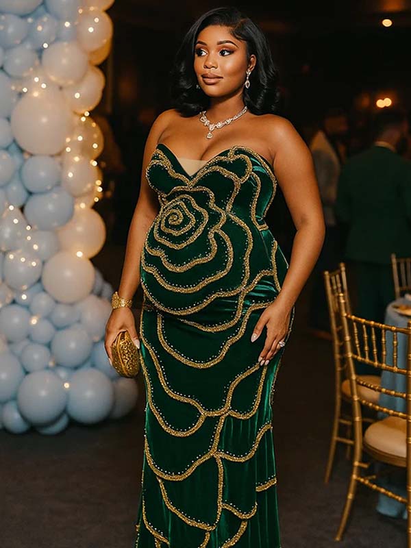 Momnfancy Sequin Bandeau Backless V-Neck Mermaid Bodycon Evening Gown Party Cocktail Maternity Maxi Dress