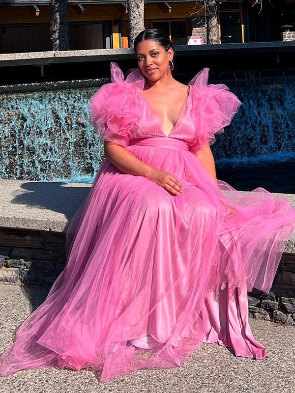 Momnfancy Pink Tulle Ruffle Swing V-neck Maternity Photoshoot Maxi Dress