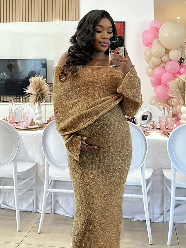 Momnfancy Solid Color Off Shoulder Knitwear Bodycon Baby Shower Maternity Maxi Dress