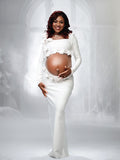 Momnfancy White 3D Flowers Cut Out Photoshoot Maternity Maxi Dress