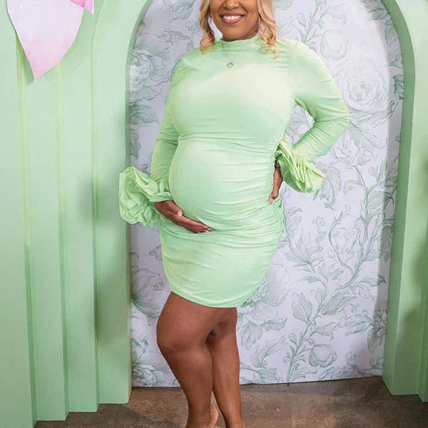 Momnfancy Green Ruffle Bodycon Long Sleeve Party Baby Shower Maternity Mini Dress