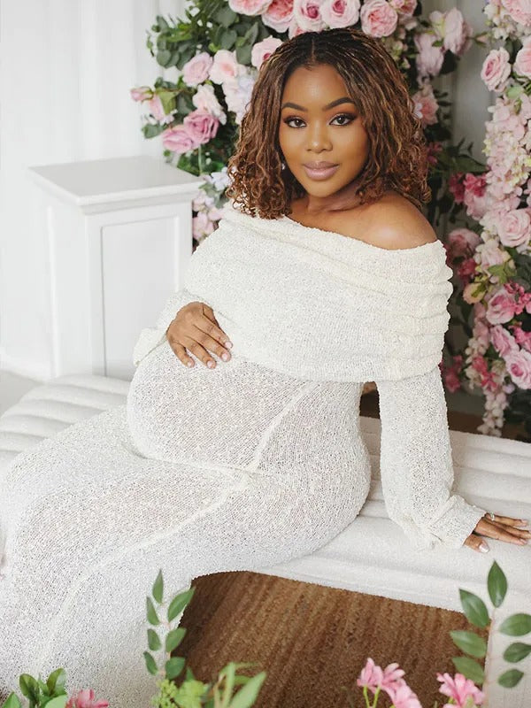 Momnfancy Solid Color Off Shoulder Knitwear Bodycon Baby Shower Maternity Maxi Dress