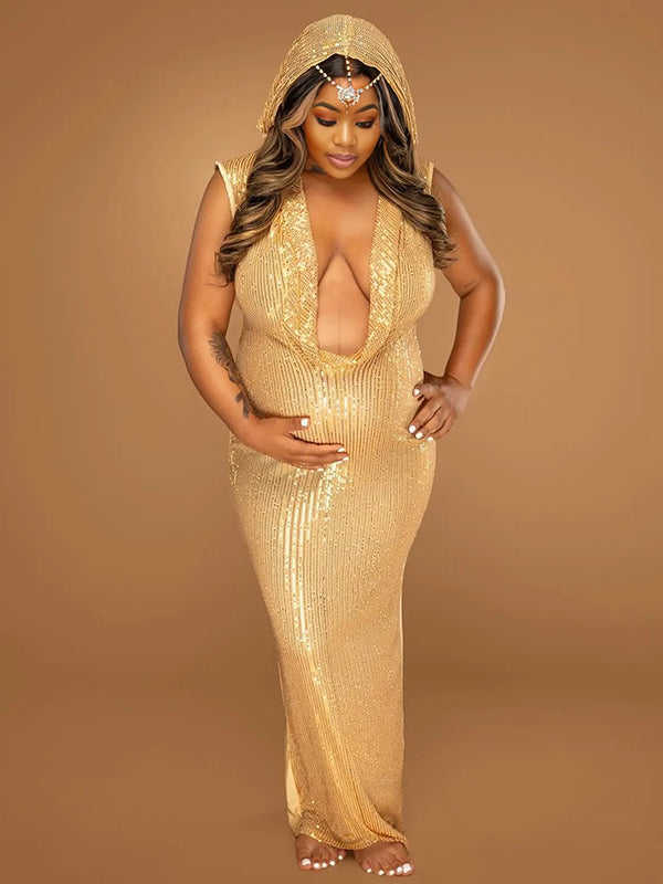 Momnfancy Sparkly  Sequins Bodycon Backless Sheer Deep V-Neck Evening Gown Photoshoot Maternity Maxi Dress