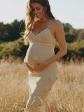 Momnfancy White Spaghetti Strap Backless 3D Flowers Maternity Maxi Dress