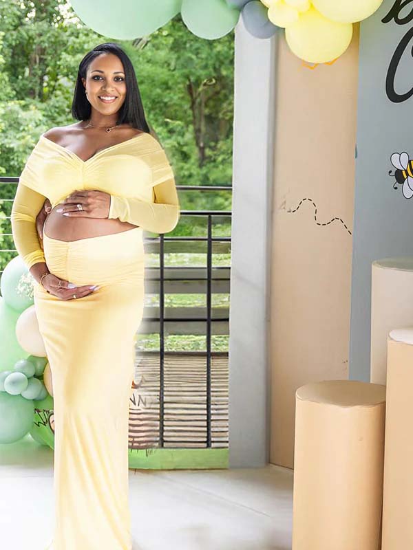 Momnfancy Off Shoulder V-Neck Cut Out Mesh Sheer Crop Ruched Baby Shower Maternity Maxi Dress