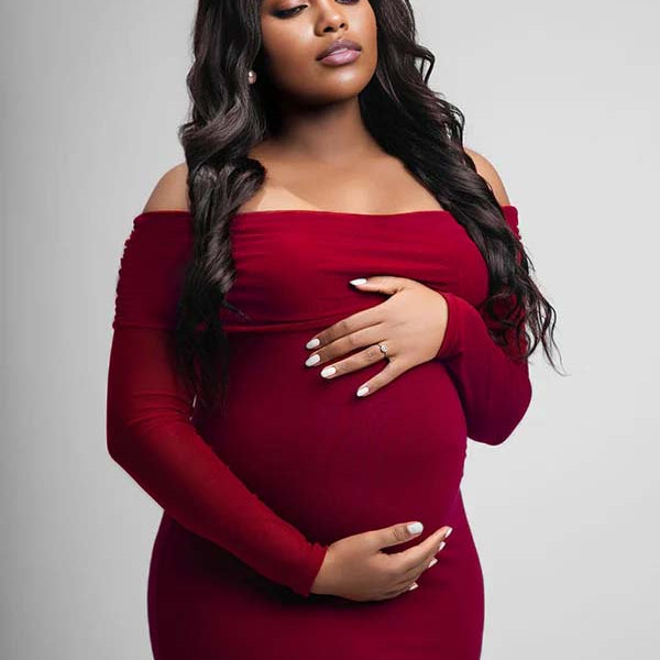 Momnfancy Wine Red Off Shoulder Backless Cut Out Mermaid Long Sleeve Bodycon Photoshoot Maternity Maxi Dress