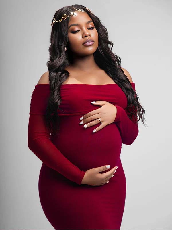 Momnfancy Wine Red Off Shoulder Backless Cut Out Mermaid Long Sleeve Bodycon Photoshoot Maternity Maxi Dress