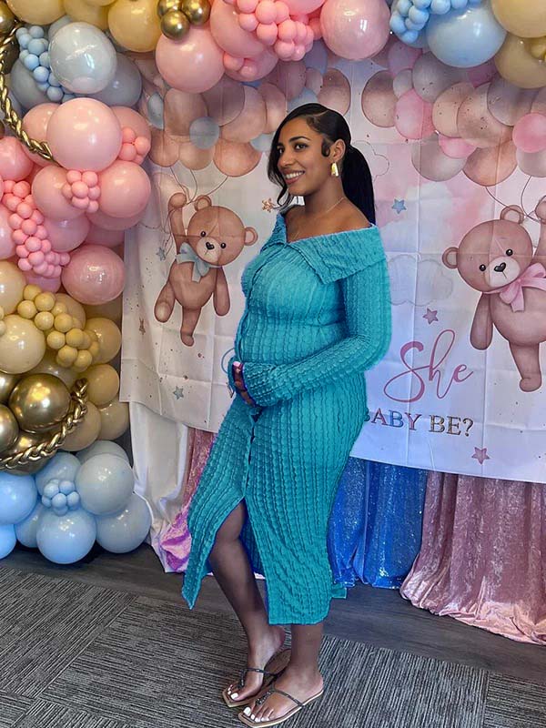 Momnfancy Off Shoulder Single Breasted Mesh Wavy Ruffle Front Slit Bodycon Elegant Going Out Maternity Baby Shower Maxi Dress