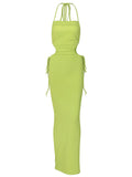 Momnfancy Spaghetti Strap Belly Friendly Backless Lace-up Cut Out Bandeau Babyshower Maternity Maxi Dress