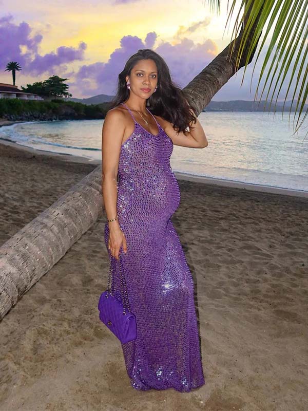 Momnfancy Spaghetti Strap Mermaid Open Back Sparkly Maternity Maxi Dress