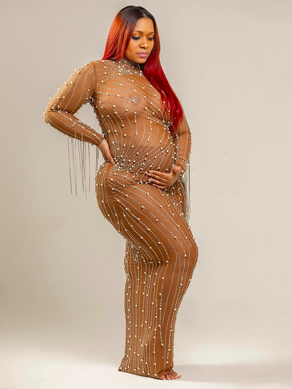 Momnfancy Mesh Peal Rhinestone Tassel Bodycon Evening Gown Photoshoot Maternity Maxi Dress