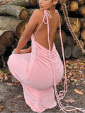 Momnfancy Pink Spaghetti Strap Halter Neck Backless Pregnancy Baby Shower Prom Wedding Guest Party Maternity Maxi Dress