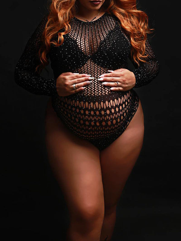 Momnfancy Black Rhinestone Fishnet Knitting Sheer Photoshoot Short Jumpsuit Maternity Bodysuit