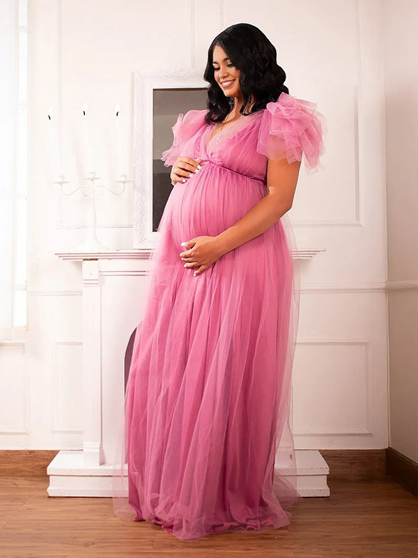 Momnfancy Plus Size Tulle Ruffle Babyshower Evening Maternity Maxi Dress