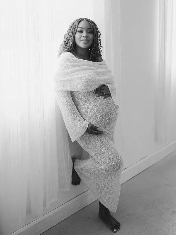 Momnfancy Solid Color Off Shoulder Knitwear Bodycon Baby Shower Maternity Maxi Dress