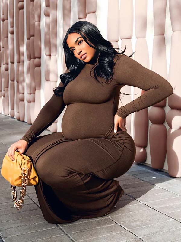 Momnfancy Brown Ruched Draped Lace-up Bodycon Casual Long Sleeve Baby Shower Maternity Maxi Dress