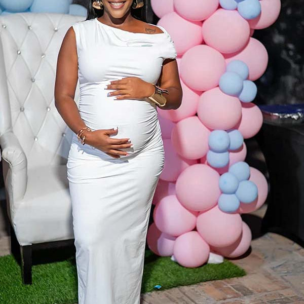 Momnfancy White Off Shoulder Bodycon Mermaid Party Cap Sleeve Baby Shower Maternity Maxi Dress