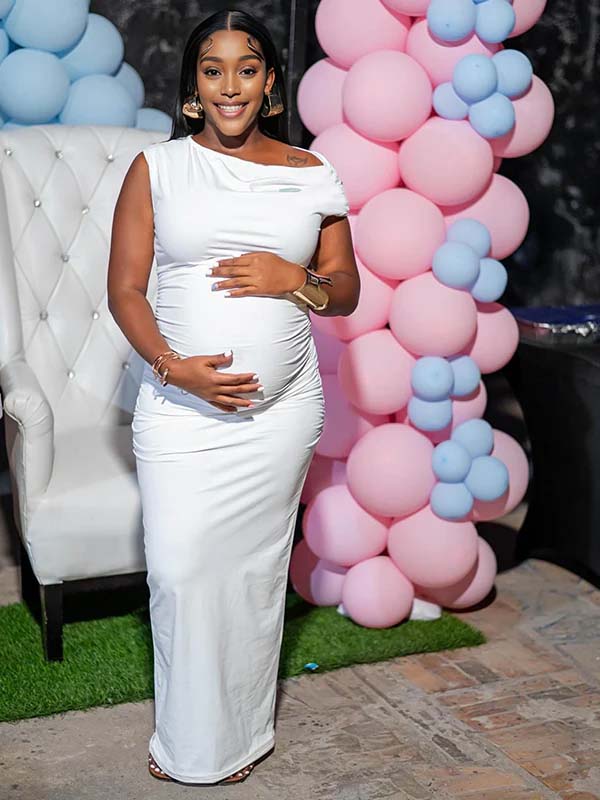 Momnfancy White Off Shoulder Bodycon Mermaid Party Cap Sleeve Baby Shower Maternity Maxi Dress