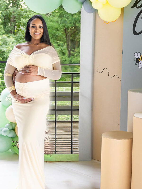 Momnfancy Boat Neck Sheer Crop Maternity Maxi Dress