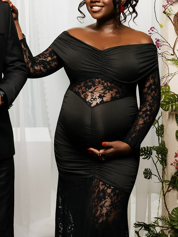 Momnfancy Off Shoulder Lace Ruched Long Sleeve Backless Bodycon Mermaid Evening Gown Photoshoot Maternity Maxi Dress