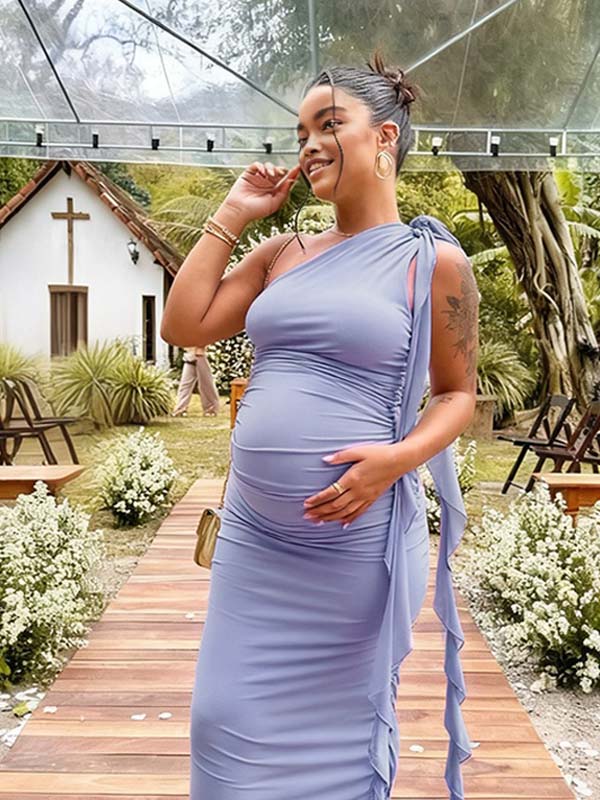 Momnfancy Halter Neck Ribbon Bodycon Ruched Baby Shower Maternity Maxi Dress