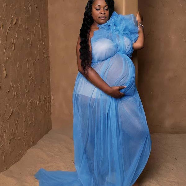 Momnfancy Irregular Collar Tulle Photoshoot Maternity Maxi Dresses
