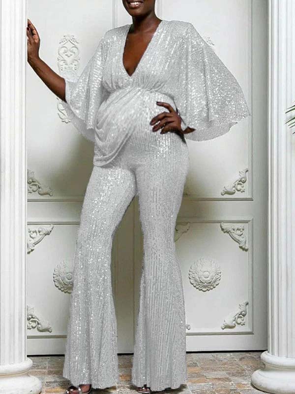 Momnfancy V-Neck Sparkly Sequin Backless Flare Bell Bottom Babyshower Cocktail Maternity Jumpsuit