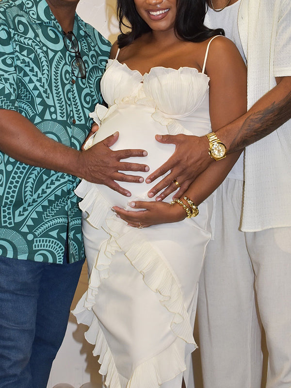 Momnfancy White Tulle Ruffle Side Slit Cami Maternity Maxi Dress