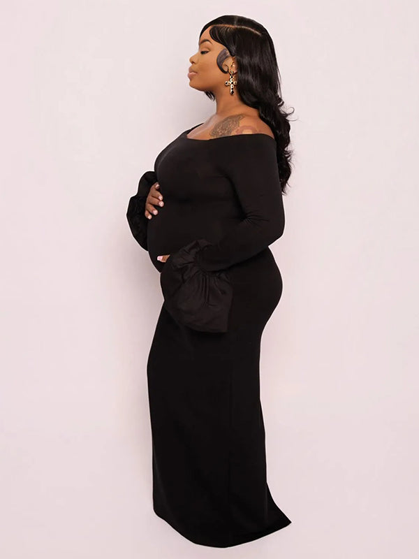 Momnfancy Black Off Shoulder Ruffle Flare Sleeve Bodycon Photoshoot Maternity Maxi Dress