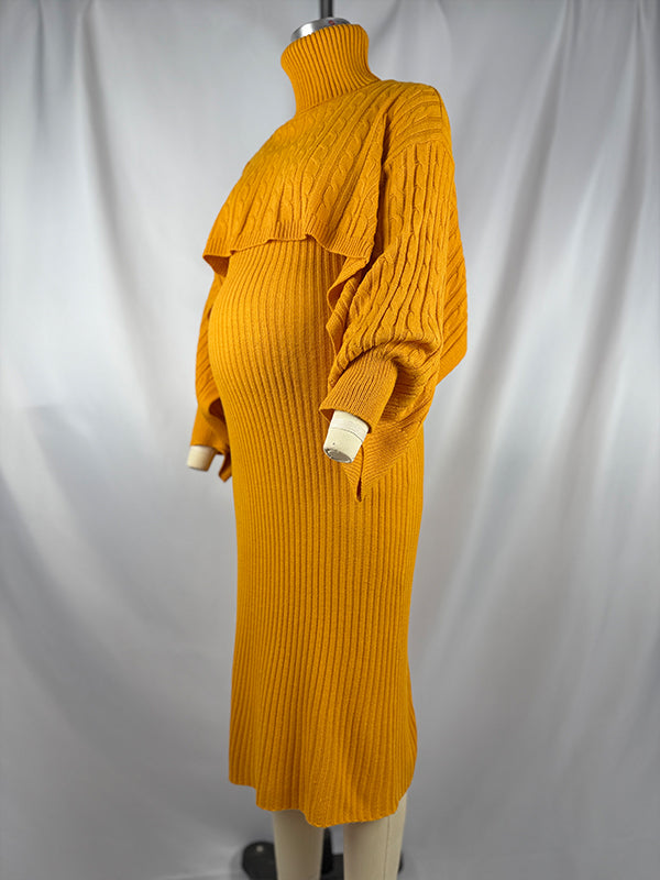 Momnfancy Solid Color Knitting 2-in-1 Bodycon Baby Shower Maternity Sweater Midi Dress
