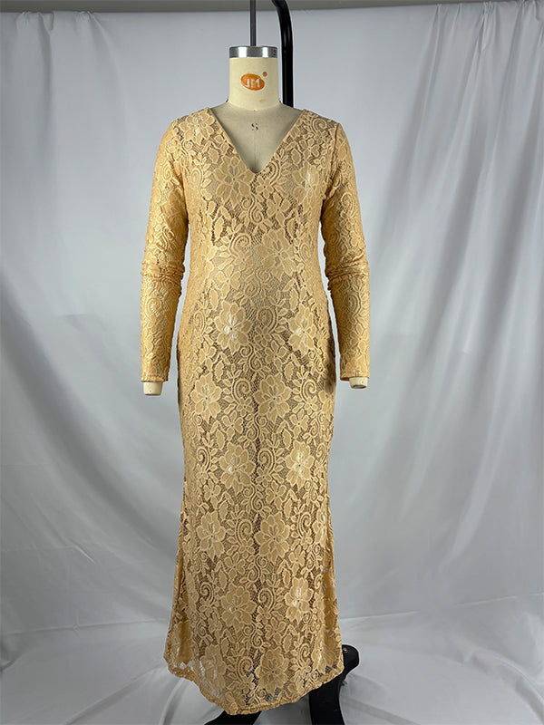 Momnfancy Yellow Lace V-neck Flare Sleeve Plus Size Elegant Maternity Maxi Dress