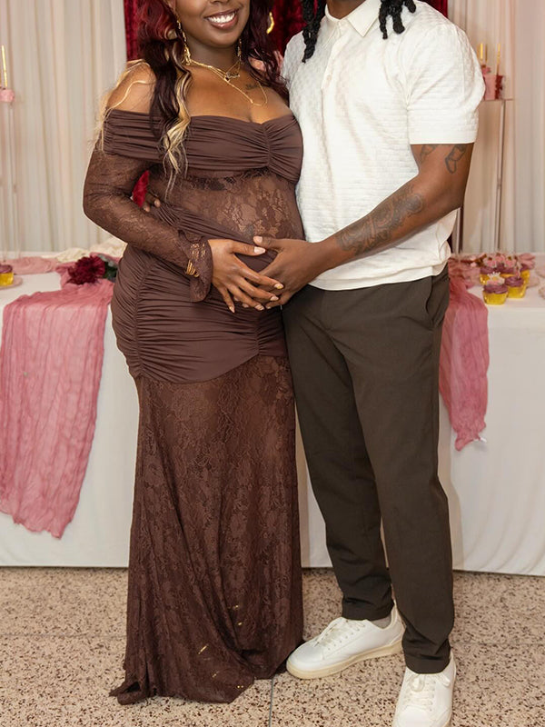 Momnfancy Brown Off Shoulder Lace Ruched Mermaid Bodycon Long Sleeve Baby Shower Maternity Maxi Dress