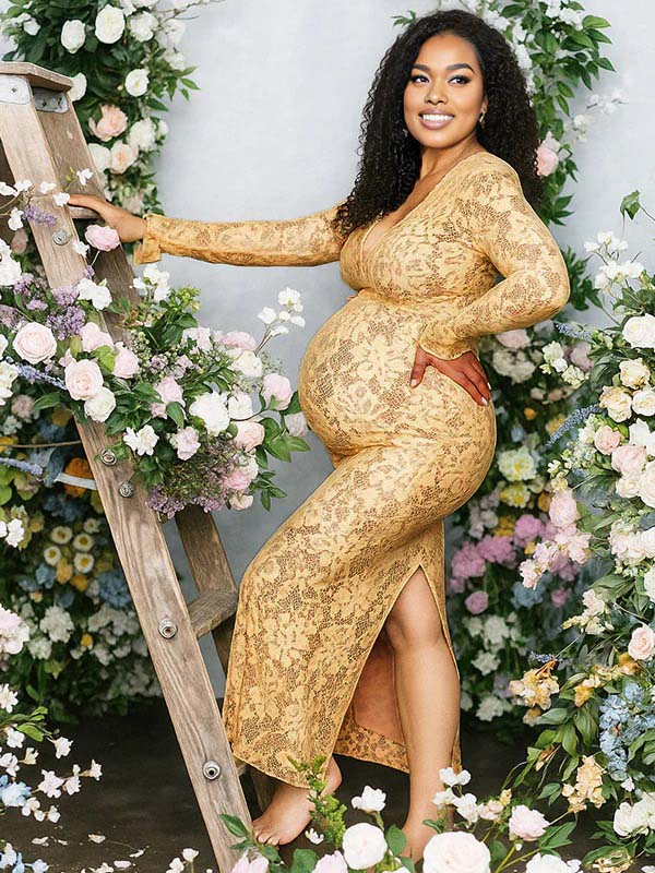 Momnfancy Yellow Lace V-neck Flare Sleeve Plus Size Elegant Maternity Maxi Dress