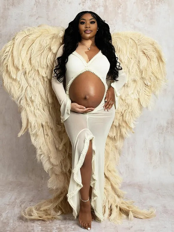 Momnfancy Mesh Ruffle Cut Out Crop Irregular Split Sheer Photoshoot Maternity Maxi Dress