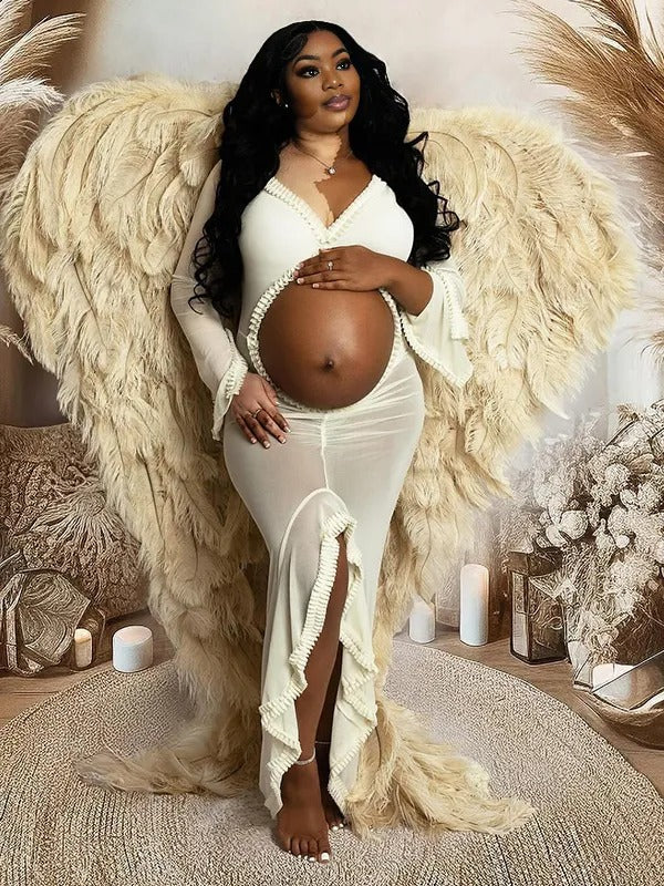 Momnfancy Mesh Ruffle Cut Out Crop Irregular Split Sheer Photoshoot Maternity Maxi Dress