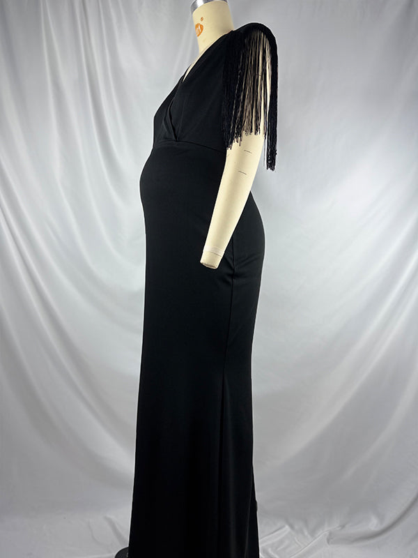 Momnfancy Black Tassel Fringe Cross Chest Mermaid Plus Size Elegant Maternity Maxi Dress
