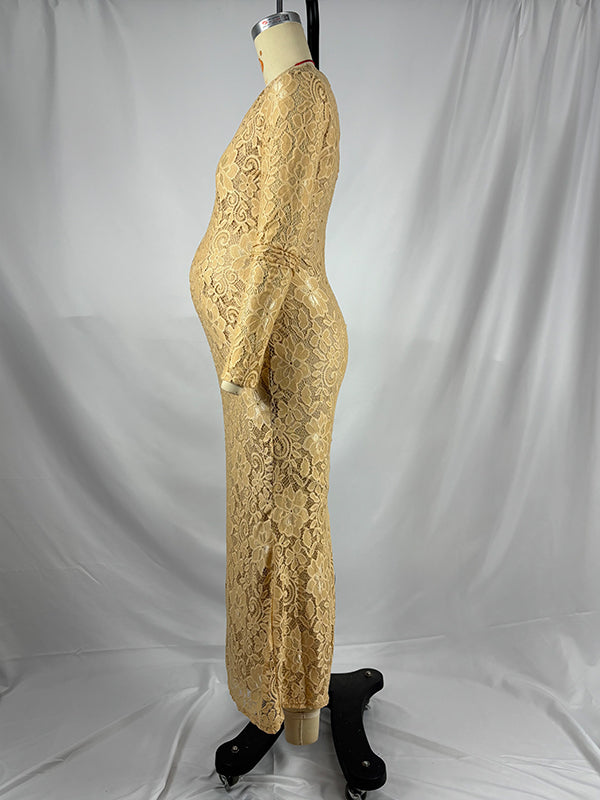 Momnfancy Yellow Lace V-neck Flare Sleeve Plus Size Elegant Maternity Maxi Dress