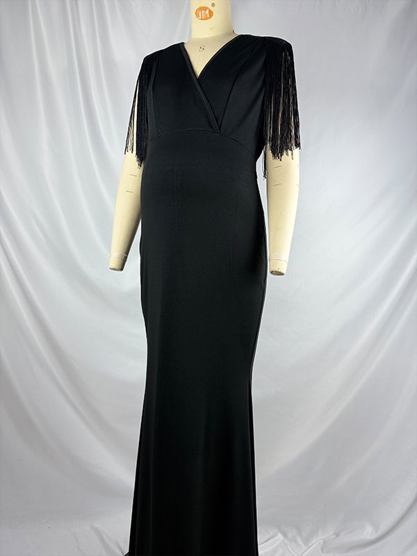Momnfancy Black Tassel Fringe Cross Chest Mermaid Plus Size Elegant Maternity Maxi Dress