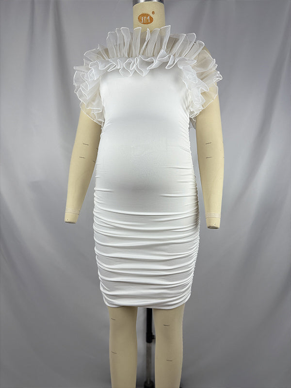 Momnfancy White Ruffle Tulle Splicing Bodycon Bandeau Party Maternity Mini Dress