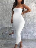 Momnfancy White Spaghetti Strap Hip Bodycon Clubwear Maternity Maxi Dress