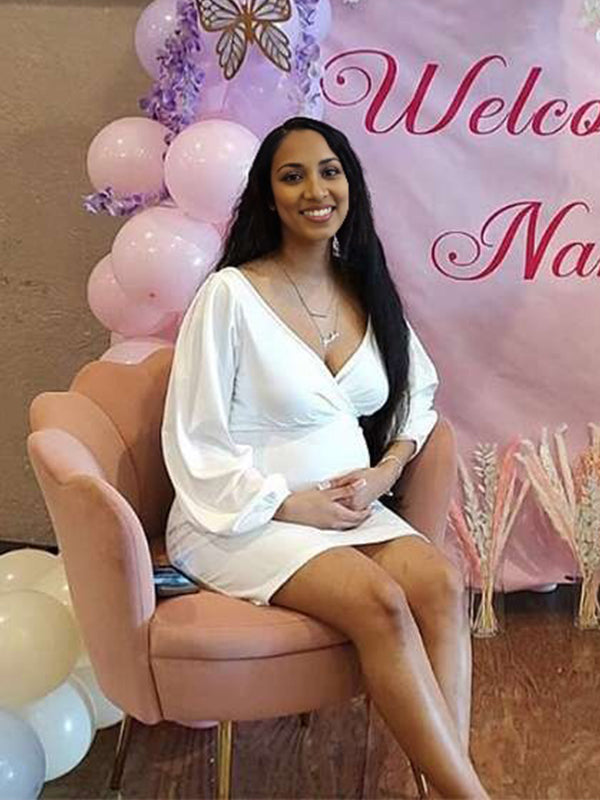 Momnfancy White Off Shoulder V-Neck Lantern Sleeve Maternity Mini Dress