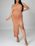 Momnfancy Brown Ruched Belly Friendly Side Slit Oblique Shoulder Babyshower Maternity Maxi Dress