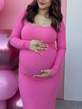 Momnfancy Belly Friendly U Neck Long Sleeve Bodycon Babyshower Maternity Maxi Dress