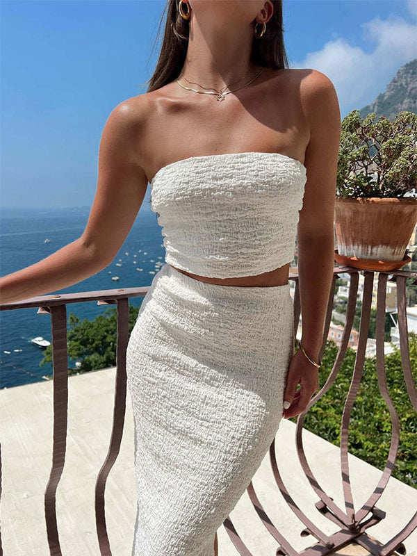 Momnfancy White 2-in-1 Bandeau Cut Out Back Slit Fashion Bodycon Photoshoot Baby Shower Maternity Maxi Dress