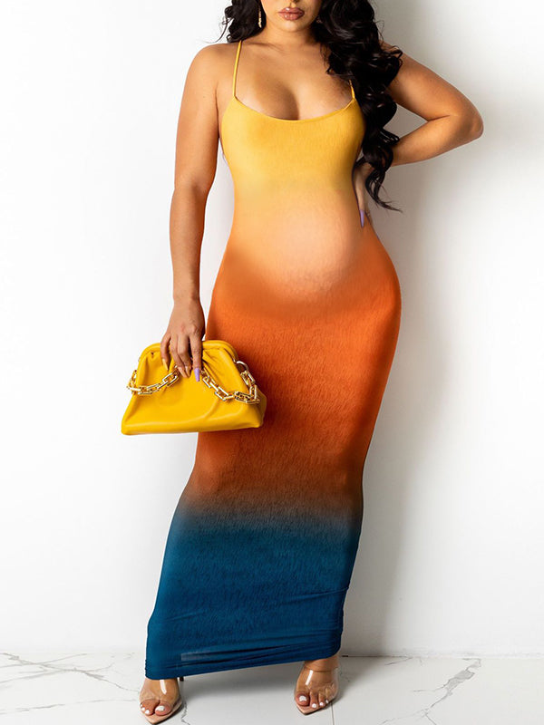 Momnfancy Rainbow Colorful Gradient Color Cami U-neck Bodycon Fashion Gender Reveal Party Maternity Baby Shower Maxi Dress