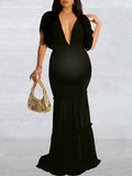 Momnfancy Irregular Ruffle Smocked Backless Deep V-neck Mermaid Elegant Maternity Photoshoot Baby Shower Paty Midi Dress