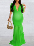 Momnfancy Irregular Ruffle Smocked Backless Deep V-neck Mermaid Elegant Maternity Photoshoot Baby Shower Paty Midi Dress
