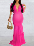 Momnfancy Irregular Ruffle Smocked Backless Deep V-neck Mermaid Elegant Maternity Photoshoot Baby Shower Paty Midi Dress