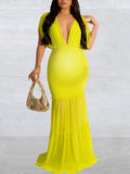 Momnfancy Irregular Ruffle Smocked Backless Deep V-neck Mermaid Elegant Maternity Photoshoot Baby Shower Paty Midi Dress