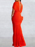 Momnfancy Irregular Ruffle Smocked Backless Deep V-neck Mermaid Elegant Maternity Photoshoot Baby Shower Paty Midi Dress